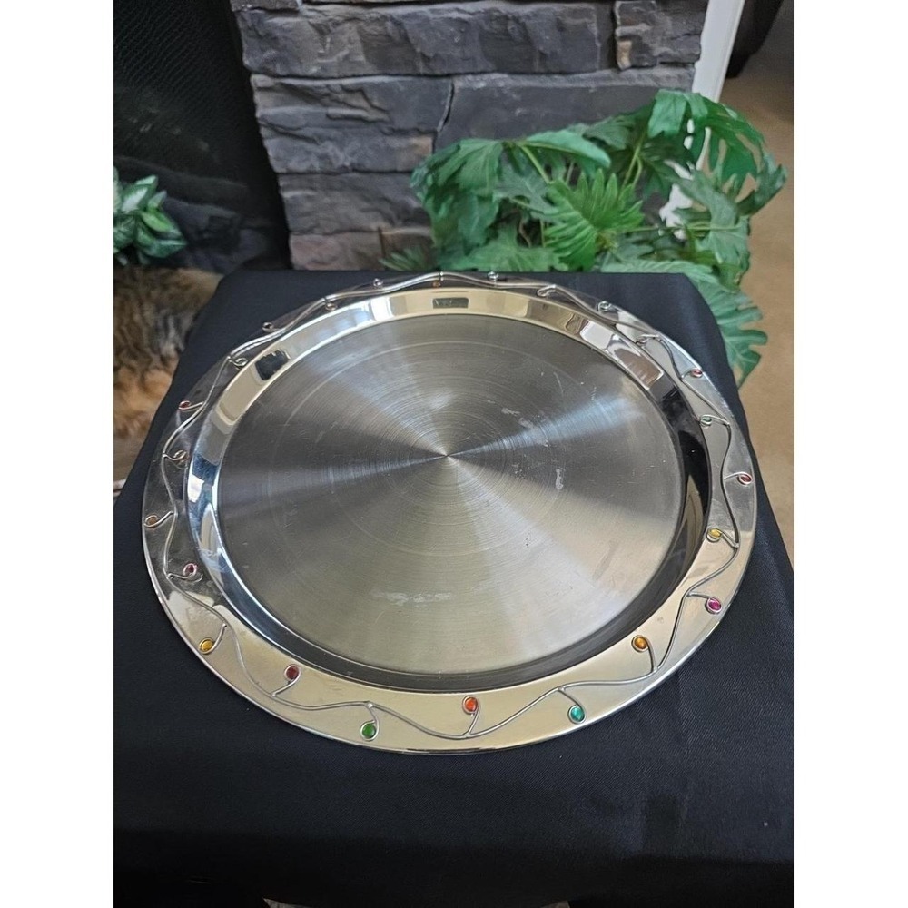 Pier 1 Large Charger Serving plates Silver, Rhinestones Gems,Boho Glam